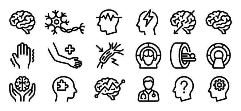 Neurology and brain health line icon set featuring symbols for neurological diseases, symptoms, diagnosis, and treatment, including brain, neuron, MRI scanner, and doctor pictograms