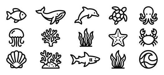 Obraz premium Set of black outline sea life icons featuring marine animals and plants like a fish, whale, dolphin, and turtle, designed in a simple, minimalist, and modern line art style