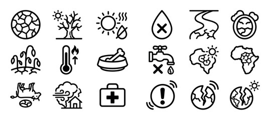 Fototapeta premium Set of black line icons representing drought, climate change, and global warming concepts like water scarcity, famine, desertification, and natural disasters for environmental awareness