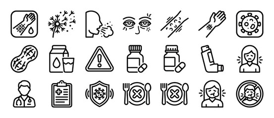 Naklejka premium Allergy and intolerance outline icon set featuring various symbols for symptoms, allergens, diagnostics, and medical treatment for healthcare and immunology concepts