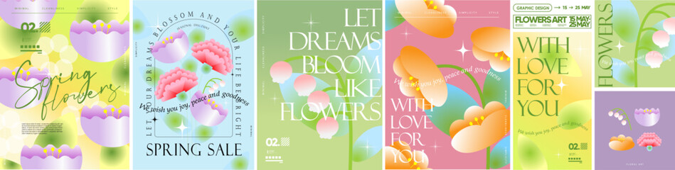 Obraz na płótnie Canvas Spring flowers. Vector abstract trendy modern gradient illustration of carnation, lily of the valley, and tulip for a pastel floral greeting card, sale flyer, blooming poster, cover or background.