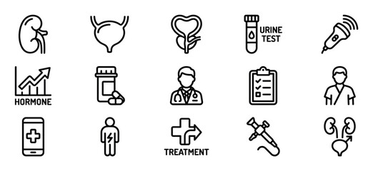Medical urology and men's health icon set with kidney, bladder, prostate, and doctor symbols for healthcare concepts in a simple black outline style
