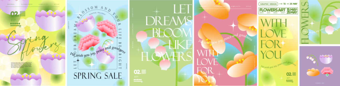 Spring flowers. Vector abstract trendy modern gradient illustration of carnation, lily of the valley, and tulip for a pastel floral greeting card, sale flyer, blooming poster, cover or background.