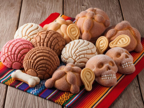 Assorted Traditional Mexican Sweet Breads Including Conchas And Pan De Muerto Arranged On A Colorful Woven Textile