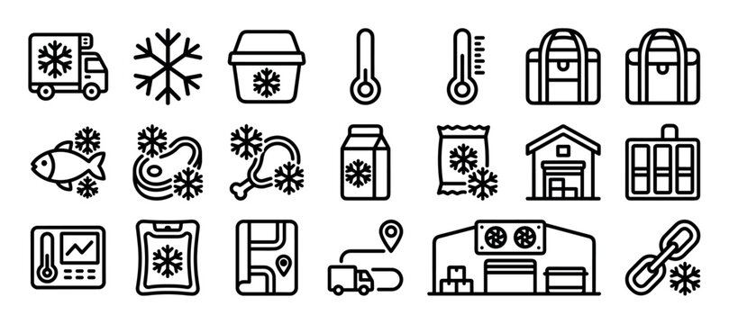 Cold chain logistics and frozen food icon set with minimalist black outlines, featuring symbols for refrigerated transport, storage, and temperature control