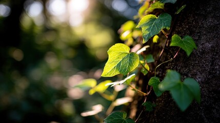 Bright sunlight illuminates fresh green foliage clinging to rough tree bark outdoors