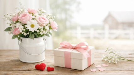 Floral arrangement with a gift box and decorative hearts on a wooden table.