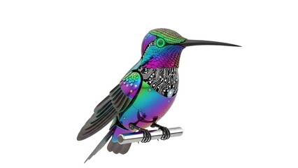 Obraz premium Iridescent hummingbird perched on a branch isolated on white background