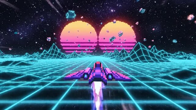 Pixelated purple spaceship flies over neon grid landscape with double sunset and scattered planetoids in space