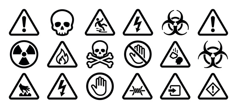 Large collection of black warning signs and hazard symbols for safety and caution, including biohazard, radiation, high voltage, poison, and flammable pictograms in a simple vector style