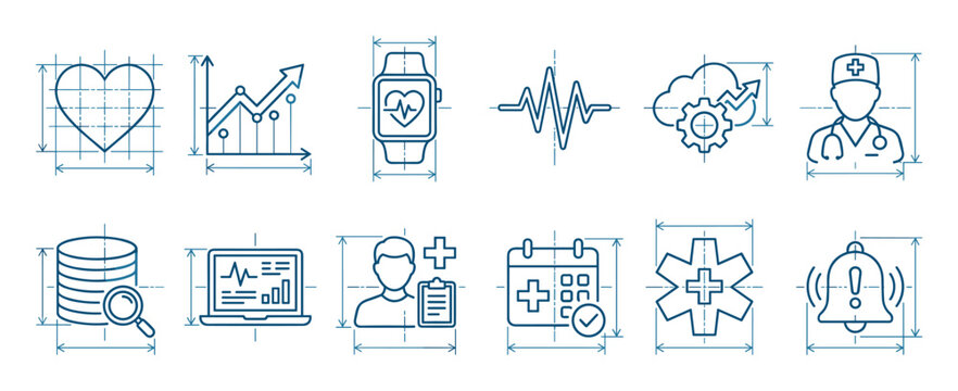 Blue line art medical technology icons in a technical blueprint style with dimension lines, featuring symbols for healthcare data, heart rate monitoring, and doctor consultation