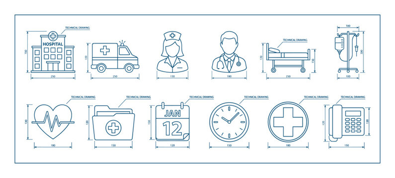 Collection of medical and healthcare icons styled as technical blueprint drawings with dimensions, featuring a hospital, ambulance, doctor, nurse, bed, and various clinical symbols