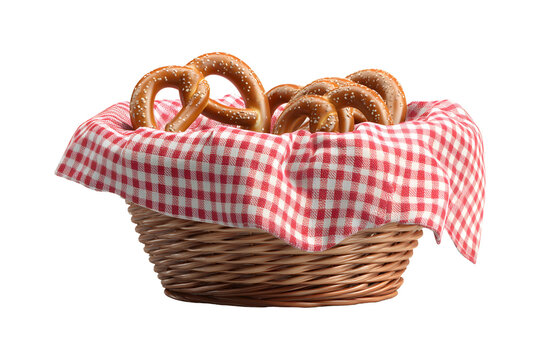 Freshly Baked Pretzels in a Wicker Basket with Red and White Checkered Cloth