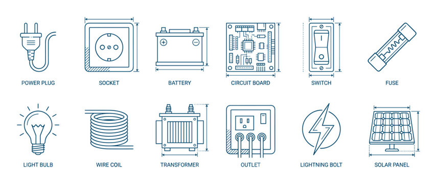 Electricity and power component icon set featuring a plug, socket, battery, circuit board, fuse, and light bulb, presented as a schematic blueprint with dimension lines