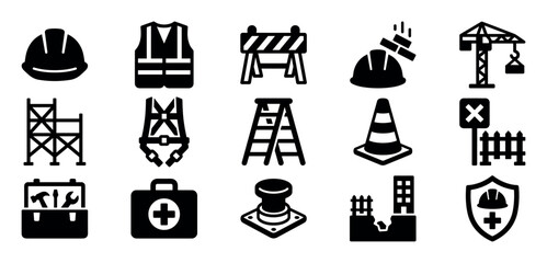 Set of black construction safety icons representing building site equipment, personal protective gear, and workplace hazards in a simple glyph style for graphic design © eclipse