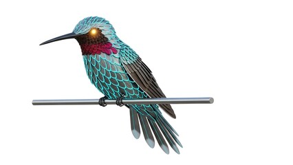 Obraz premium Decorative metallic hummingbird sculpture perched on a thin rod isolated on white background