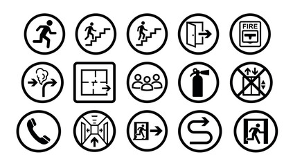Fototapeta premium Collection of black fire safety and emergency evacuation icons showing exit routes, fire extinguishers, assembly points, and warning symbols for public information and guidance