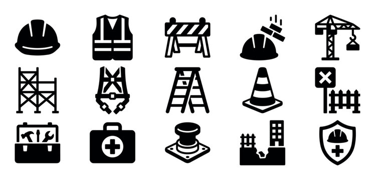 Set of black construction safety icons representing building site equipment, personal protective gear, and workplace hazards in a simple glyph style for graphic design