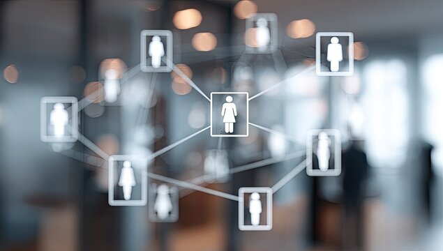 Network of interconnected people icons in a modern office setting