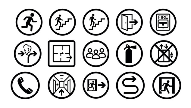 Collection of black fire safety and emergency evacuation icons showing exit routes, fire extinguishers, assembly points, and warning symbols for public information and guidance