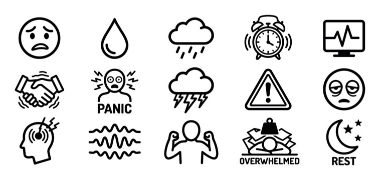 Diverse set of black line icons illustrating mental health concepts such as stress, anxiety, panic, burnout, headache, and insomnia in a clean and simple graphic style