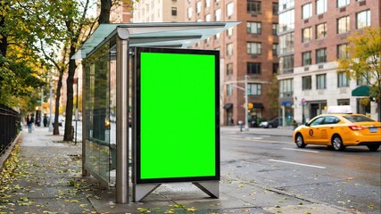 Street shelter with green screen display in urban setting for interactive green screen videos - Powered by Adobe