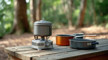 Compact camping stove with pots on wooden table in a forest setting for outdoor cooking and adventure enthusiasts