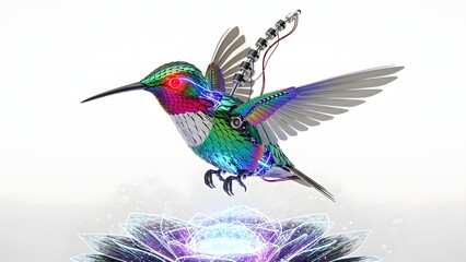 Obraz premium Hummingbird with iridescent feathers hovering over a glowing flower isolated on white background