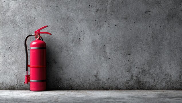 Red fire extinguisher stands against a textured concrete wall