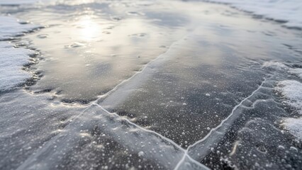 Fototapeta premium Frozen Ice Surface With Cracks and Bubbles