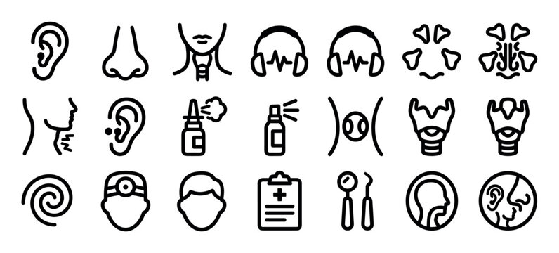 Otolaryngology line icon set with medical symbols for ear, nose, and throat health, including anatomy, doctor, patient, and treatment pictograms