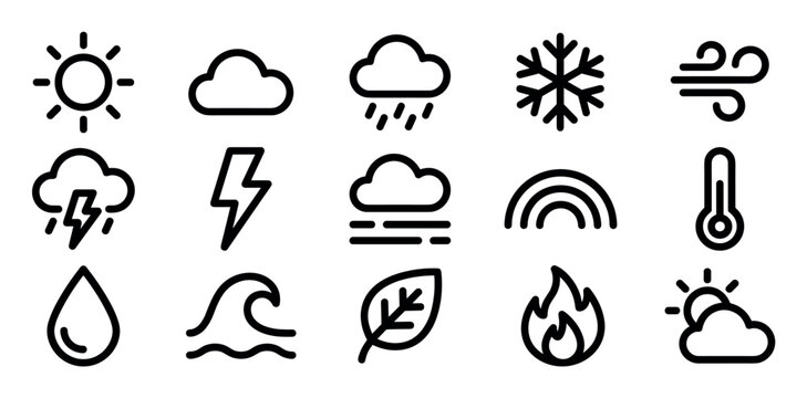Collection of black line weather icons representing various meteorological conditions like sun, rain, snow, wind, and storms in a clean, minimalist vector graphic style for forecasts