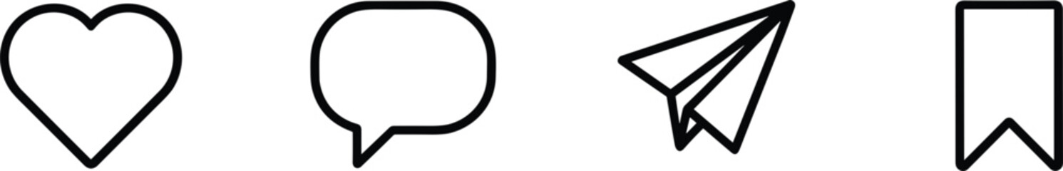 Social media interface icons set featuring heart shape comment bubble paper plane and bookmark for digital networking interaction. © V Stock