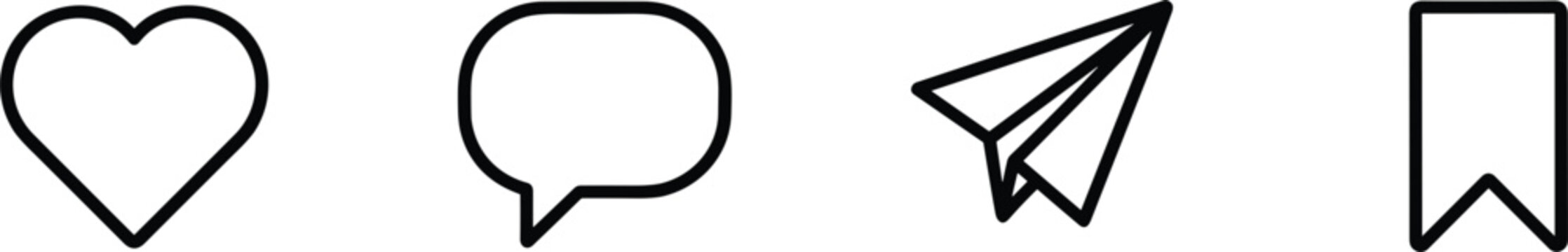 Social media interface icons set featuring heart shape comment bubble paper plane and bookmark for digital networking interaction.