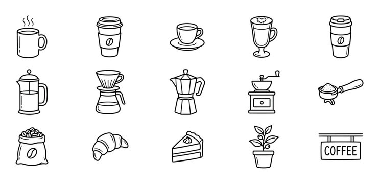 Large set of coffee themed icons hand-drawn in a simple black line art style showing cups, brewing equipment like a french press, beans, pastry, and a cafe sign