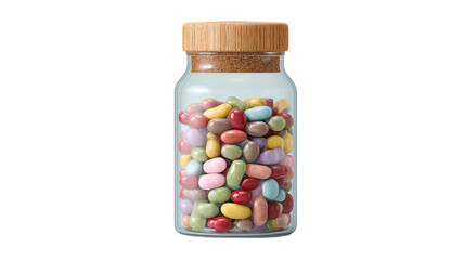 A colorful closeup of sweet candy in an isolated white glass bottle container and preserved food jar with red and green ingredients
