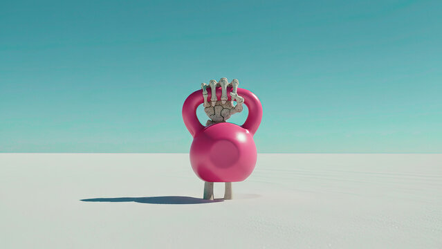 Skeleton hand holding pink kettlebell on white salt flat under teal sky, extreme weight loss and fitness obsession, health irony