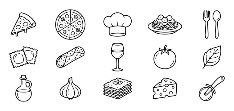Set of black line art icons representing popular cuisine, featuring pizza, spaghetti, lasagna, ravioli, wine, cheese, and a chef hat, all drawn in a minimalist doodle sketch style