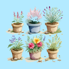 Fototapeta premium Set of lavender and aromatic herbs in terracotta pots for fresh garden aesthetic and balcony decor