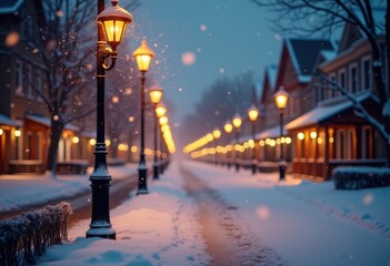 Evening Snow Flurries Drift Softly Across Twilight Streets in Magical Winter Glow