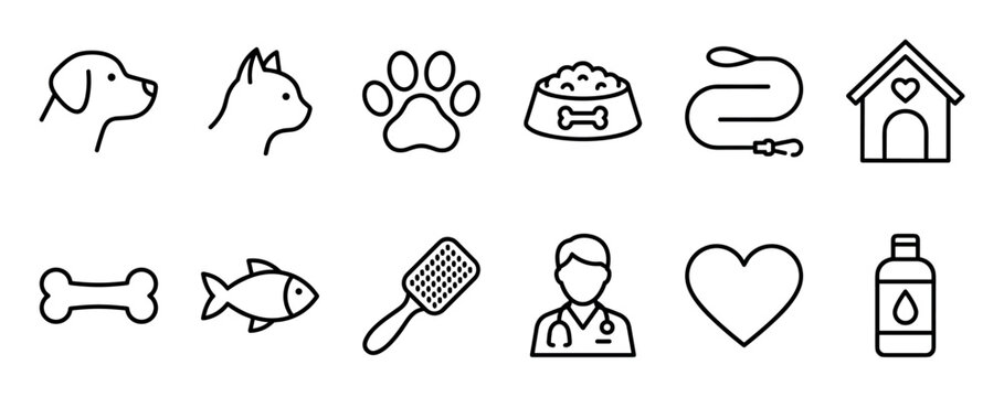 Set of black pet care line icons showing a dog, cat, paw print, food, leash, kennel, bone, fish, brush, veterinarian, and symbols for animal health, grooming, and love
