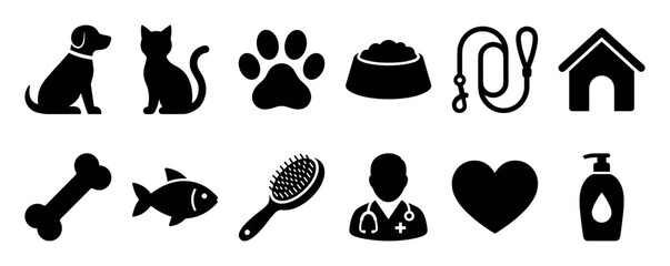 Collection of black silhouette pet icons for veterinary, grooming, and animal shop themes, showing a dog, cat, paw, food, leash, kennel, bone, fish, brush, and vet