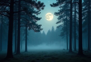 Illuminated Full Moon in Misty Forest Clearing Beneath an Enchanted Night Sky