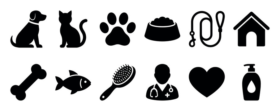 Collection of black silhouette pet icons for veterinary, grooming, and animal shop themes, showing a dog, cat, paw, food, leash, kennel, bone, fish, brush, and vet