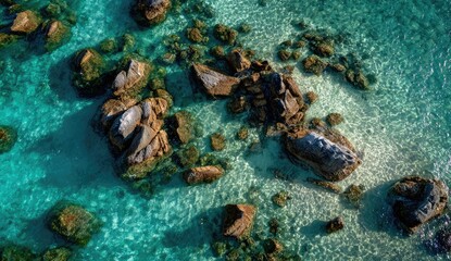 Aerial view of turquoise water with large, textured rocks and shallow sandy seabed