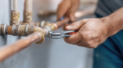Skilled Handyman Performing Plumbing Repairs with Pliers on Copper Pipes in a Residential Setting