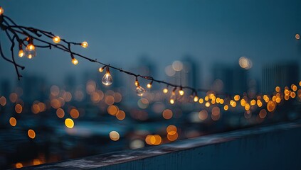 Glowing lights strung across a rooftop with a blurry city skyline at dusk