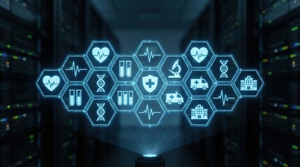 Medical data concept with healthcare icons projection,blue digital network interface displaying health,science and hospital symbols