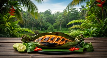 Delicious grilled fish wrapped in banana leaves served outdoors amidst lush tropical rainforest scenery