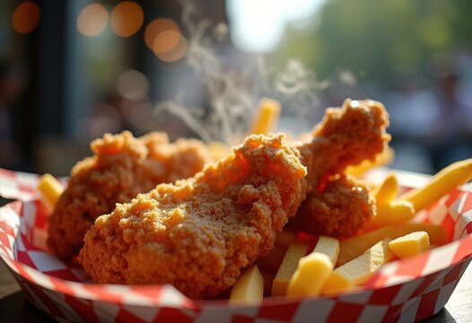 Golden Coated Fried Chicken Crispy Perfection on Checkered Paper Tray Copycat Comfort Food Delight